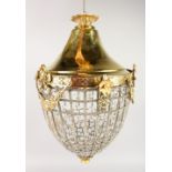 A BRASS AND GLASS PINEAPPLE SHAPED CHANDELIER. 22ins high.