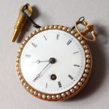A SMALL 18TH CENTURY GOLD, GREEN ENAMEL AND SEED PEARL POCKET WATCH, with white enamel dial and
