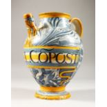 AN 18TH / 19TH CENTURY ITALIAN MAIOLICA WET DRUG JAR, with blue and yellow decoration, labelled