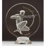 A LALIQUE ARCHER CAR MASCOT. Signed R. LALIQUE. 12cms high. In a Lalique box.