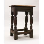 AN 18TH CENTURY OAK JOYNT STOOL, with moulded rectangular top, baluster turned legs, united by