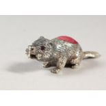 A NOVELTY SILVER BEAVER PIN CUSHION.