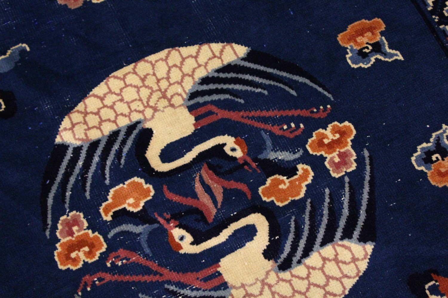 A SMALL CHINESE CARPET, with blue ground, with design of storks. 6ft 9ins x 4ft 4ins. - Image 3 of 8