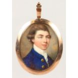 LATE 18TH CENTURY ENGLISH SCHOOL, PORTRAIT OF A GENTLEMAN wearing a blue coat. 1.25ins x 1in.