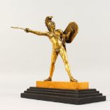 A GOOD SMALL GILT BRONZE FIGURE OF A ROMAN WARRIOR, on a Sienna marble plinth and stepped wooden
