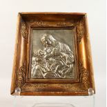 A 19TH CENTURY GILT FRAMED SILVERED BRONZE PLAQUE of the Virgin Mary and the infant Jesus. 11ins