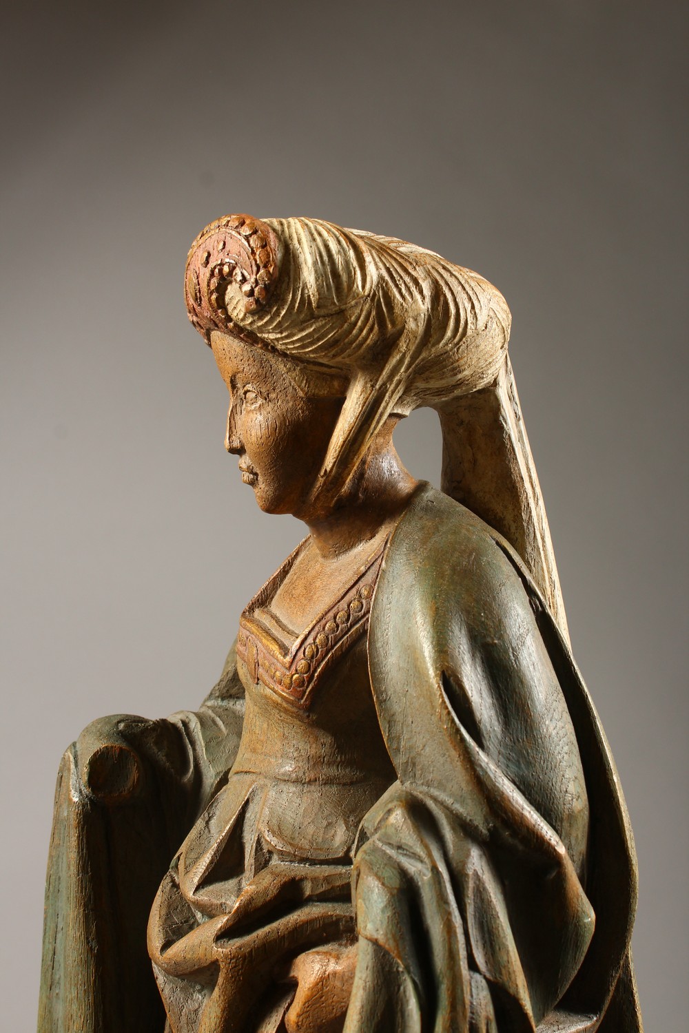 A PAINTED TERRACOTTA MODEL OF A MEDIEVAL LADY, 20th Century. 22ins high. - Image 3 of 8