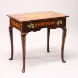 A 19TH CENTURY DUTCH MAHOGANY AND MARQUETRY BIJOUTERIE TABLE, with rising top, velvet lined