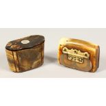 TWO 19TH CENTURY HORN SNUFF BOXES. 3ins wide.