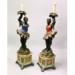 A GOOD PAIR OF 19TH CENTURY BLACKAMOOR FLOOR STANDING LAMPS, modelled as a pair of carved and