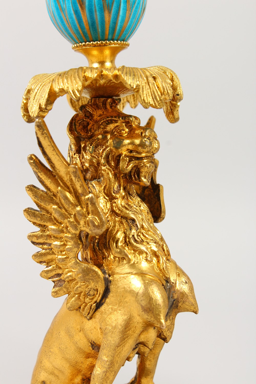 A GOOD PAIR OF FRENCH SEVRES PORCELAIN AND ORMOLU WINGED LION CANDLESTICKS. 9ins high. - Image 2 of 7