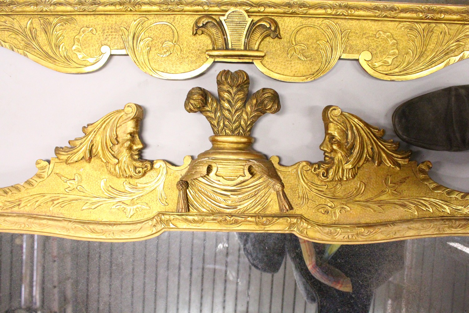 A GOOD PAIR OF 18TH CENTURY GILTWOOD OVERMANTLE MIRRORS, with Prince of Wales cresting, figural - Image 7 of 8