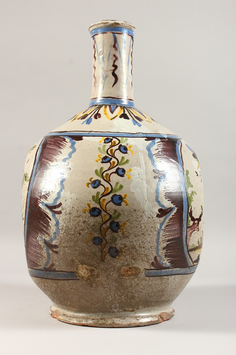 A LARGE CONTINENTAL POLYCHROME DECORATED TIN GLAZE FLASK, decorated with a Chinese figure and birds. - Image 2 of 10