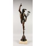 A FINE BRONZE OF MERCURY on a marble base. 3ft high.