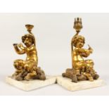 A PAIR OF ORMOLU BRONZE LAMP BASES, modelled as cherubs with cloven feet seate on cushions, on