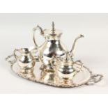 A MEXICAN SILVER FOUR PIECE COFFEE SERVICE, comprising coffee pot, cream jug, sucrier and tray.