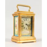 A MINIATURE BRASS CARRIAGE CLOCK, with Sevres style panels. 3ins high.