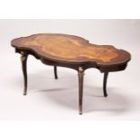 A FRENCH STYLE MARQUETRY AND ORMOLU COFFEE TABLE, with figural mounts on cabriole legs. 3ft 10ins