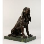 A GOOD MODERN CAST BRONZE SEATED DOG, on a marble plinth. 16ins high.