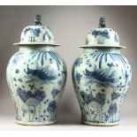 A LARGE PAIR OF CHINESE BLUE AND WHITE JARS AND COVERS, modern. 27ins high.