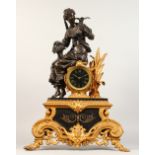 AN ORNATE 19TH CENTURY FRENCH MARBLE AND SPELTER MANTLE CLOCK, with eight day movement striking on a