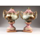 A PAIR OF CONTINENTAL STYLE POT POURRI VASES, STANDS AND COVERS, with goat head handles, decorated