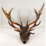 A PAIR OF CARVED WOOD DEER HEADS, fitted with real antlers. Appro. 36ins wide.