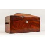 A VICTORIAN ROSEWOOD SARCOPHAGUS SHAPED TEA CADDY, the interior with two lidded compartments and