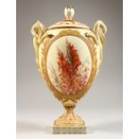 A BLUSH IVORY PORCELAIN TWIN HANDLED POT POURRI VASE, painted with floral sprays, serpentine handles