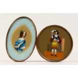 A DECORATIVE OVAL BOX, the lid with reverse painting of a young lady, and a similar box, each