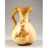 A ROYAL WORCESTER BLUSH IVORY JUG, No. 1507 with naturalistic handle and floral decoration. 7ins