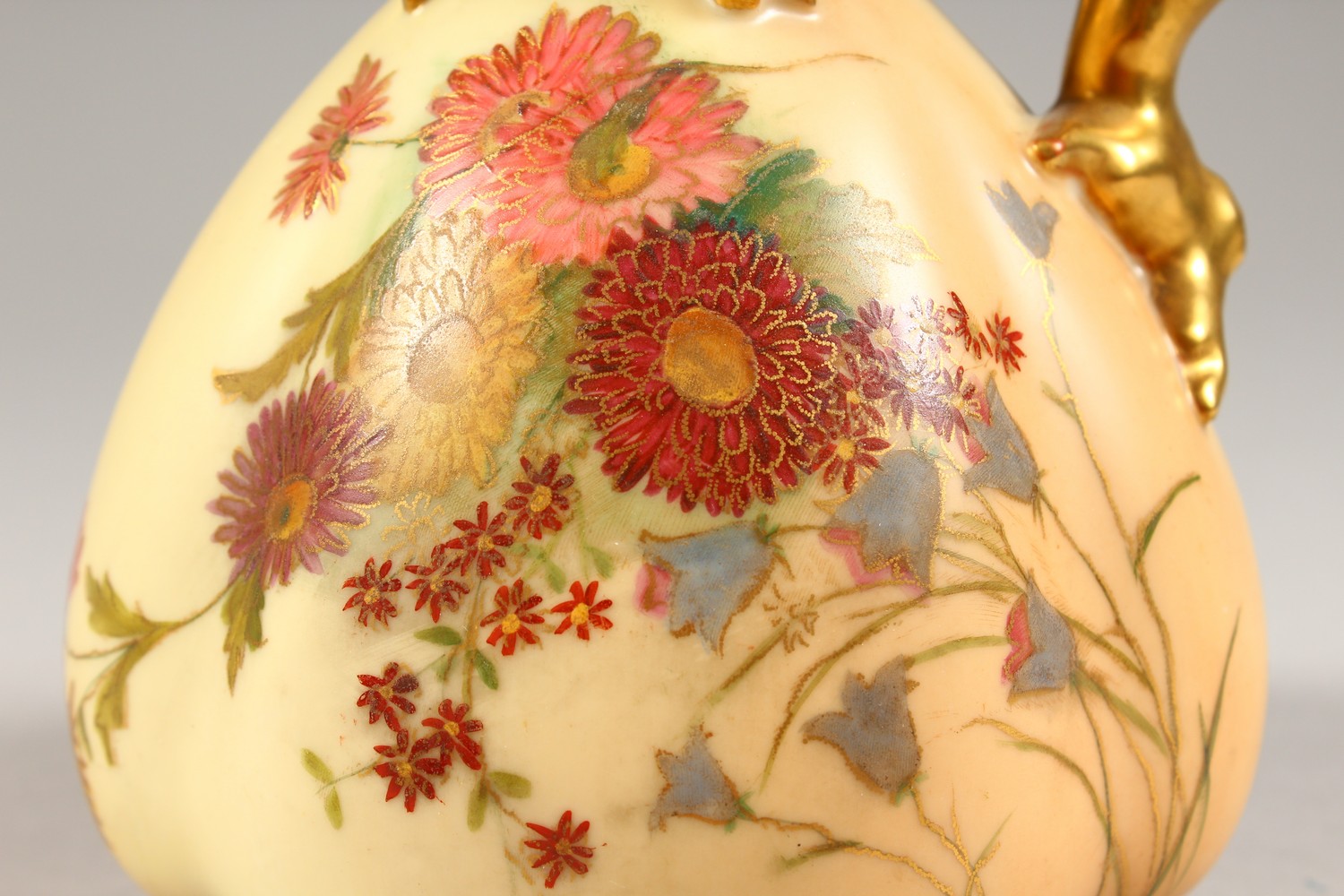 A ROYAL WORCESTER BLUSH IVORY JUG, No. 1507 with naturalistic handle and floral decoration. 7ins - Image 4 of 9