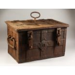 A 17TH CENTURY WROUGHT IRON "ARMADA" CHEST, the lid fitted with a multi point lock, the body with
