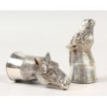 250A GOOD PAIR OF CAST SILVER HORSE HEAD SALT AND PEPPERS.