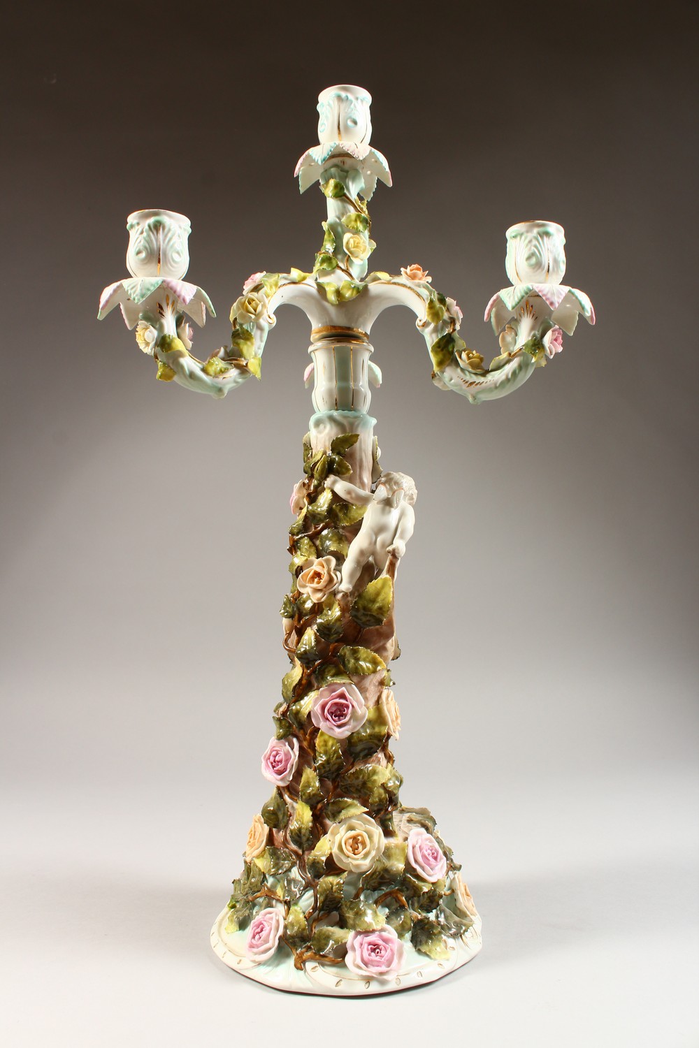 A SITZENDORF CANDELABRA, with three scrolling branches, the base with a young lady and cherub by a - Image 5 of 8