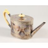 AN OVAL TEAPOT with engraved decoration. 4.5ins high.