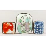THREE CHINESE WHITE METAL AND PORCELAIN BOXES. 6ins and smaller.