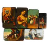 FIVE PAPIER MACHE SNUFF BOXES, with painted lids, and a similar vesta case (6). Various sizes.