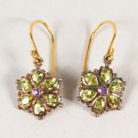 A PAIR OF 9CT GOLD, PERIDOT AND AMETHYST EARRINGS.