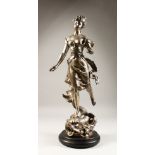 KOSSOWSKI. A CAST SILVERED METAL SCULPTURE OF A CLASSICAL LADY, standing on a dolphin. 20th Century.