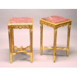 A PAIR OF FRENCH STYLE GILTWOOD SQUARE STANDS, inset with red marble tops. 1ft 4ins wide x 2ft