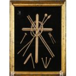 AN UNUSUAL GILT FRAMED COLLAGE, depicting a crucifix and various tools etc. 12ins high x 10ins