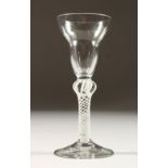 AN 18TH CENTURY WINE GLASS, with pan top bowl and knopped stem with opaque air twist. 6ins high.