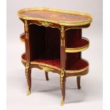 A FRENCH STYLE MARQUETRY AND ORMOLU KIDNEY SHAPE ETAGERE, with galleried shelves on cabriole legs.