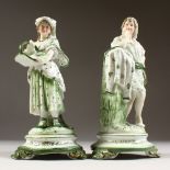 A PAIR OF LATE 19TH CENTURY CONTINENTAL PORCELAIN FIGURES, a man by the pillar, a lady holding a