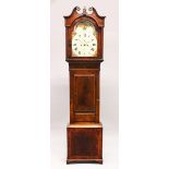 A LATE 18TH CENTURY MAHOGANY LONGCASE CLOCK, with eight day movement, painted arch dial with moon