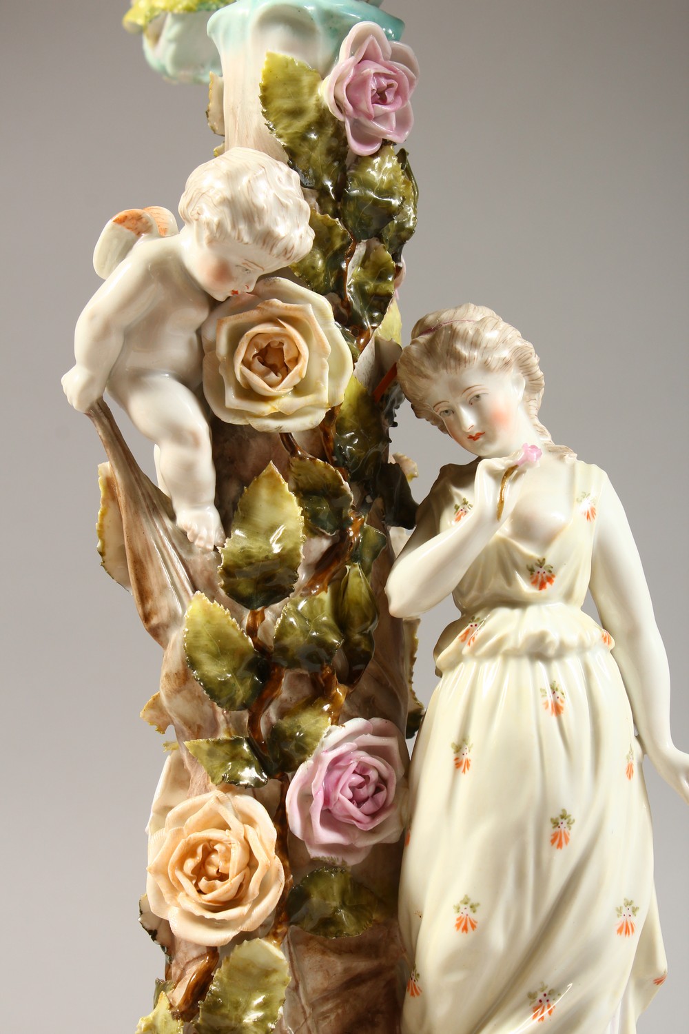 A SITZENDORF CANDELABRA, with three scrolling branches, the base with a young lady and cherub by a - Image 2 of 8