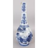 A CHINESE TRANSITIONAL STYLE BLUE & WHITE PORCELAIN BOTTLE VASE, with figures stood amongst a garden
