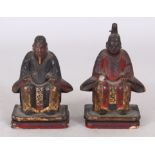 A SIMILAR SMALLER PAIR OF JAPANESE MEIJI PERIOD LACQUERED WOOD FIGURES, 9.1cm & 7.8cm high.