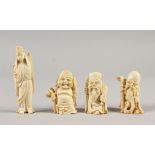 A GROUP OF FOUR CARVED JAPANESE IVORY FIGURES OF LUCKY GODS / GODDESS, depicting Guanyin, Hotei,